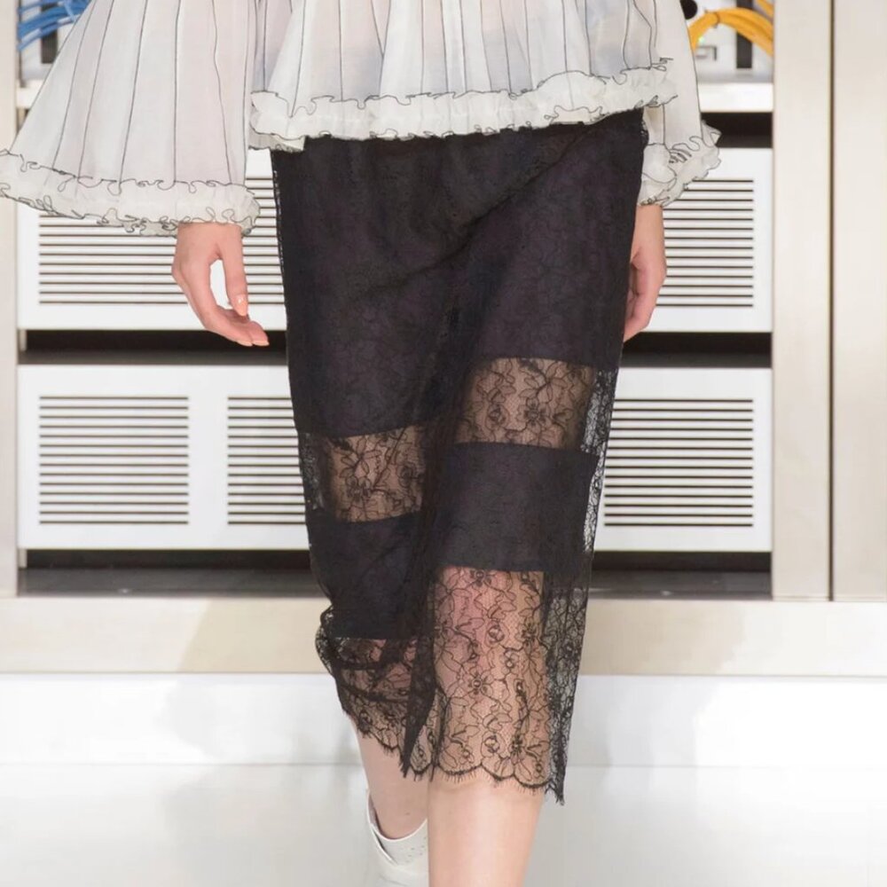 Chanel 17/SS Runway Black Lace Striped Midi Skirt